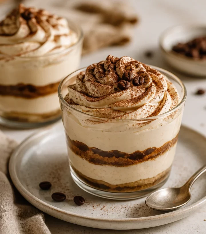 No-bake high-protein espresso chantilly pots topped with whipped cream.