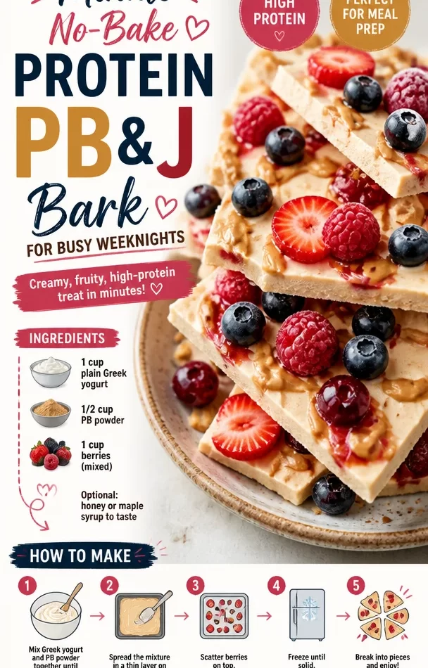Delicious no-bake protein PB&J bark on a wooden cutting board