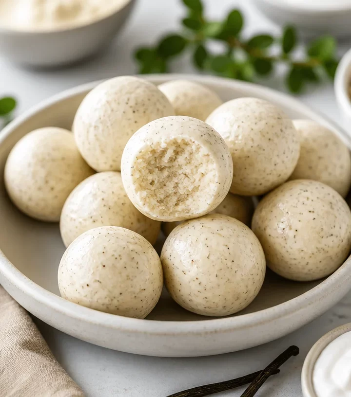 No-bake vanilla bean protein energy balls ready to enjoy