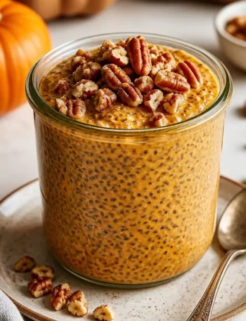 No-bake pumpkin pie chia pudding meal prep in a glass jar