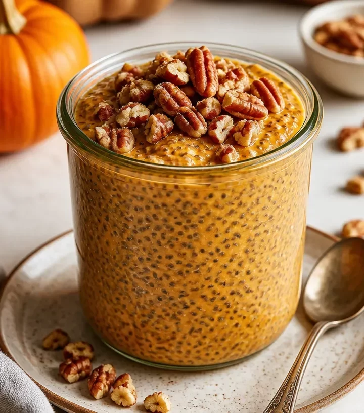 No-bake pumpkin pie chia pudding meal prep in a glass jar