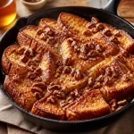 One-Pan Maple Pecan French Toast Skillet served with maple syrup and pecans.