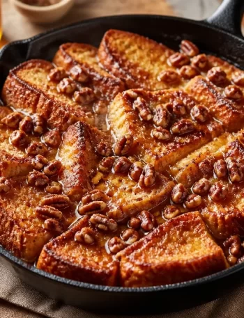 One-Pan Maple Pecan French Toast Skillet served with maple syrup and pecans.
