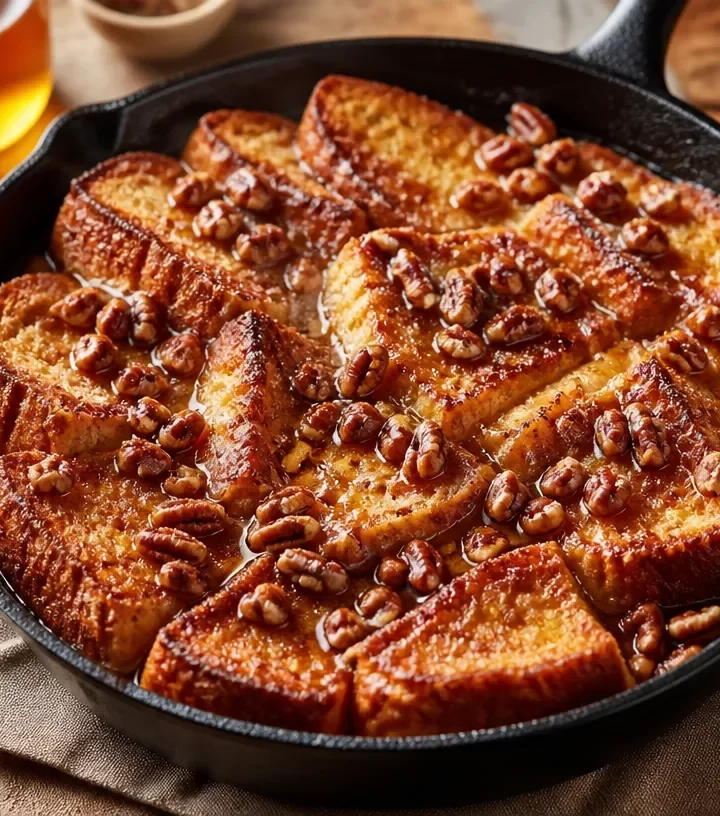 One-Pan Maple Pecan French Toast Skillet served with maple syrup and pecans.