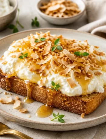 Quick and easy protein toast topped with toasted coconut for a healthy weeknight meal.