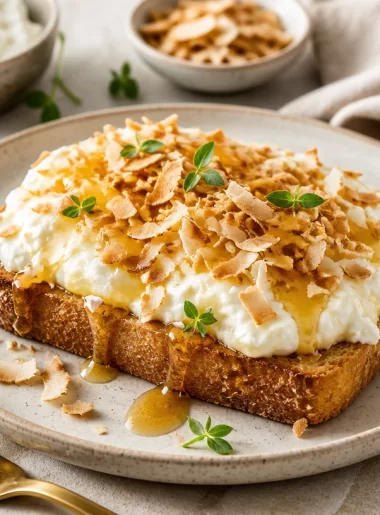 Quick and easy protein toast topped with toasted coconut for a healthy weeknight meal.