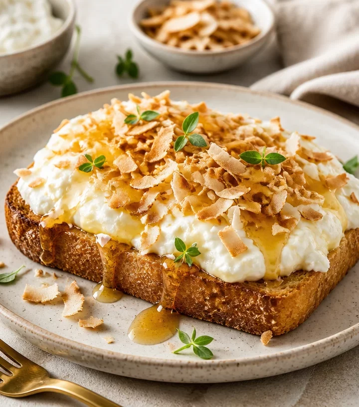 Quick and easy protein toast topped with toasted coconut for a healthy weeknight meal.