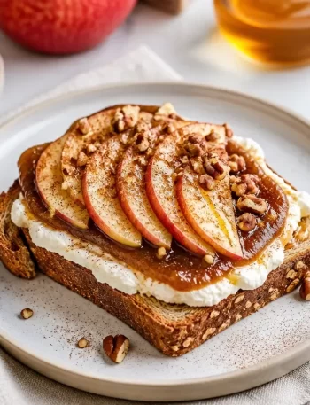 Delicious Minute Ricotta Apple Butter Toast topped with fresh apples and creamy ricotta