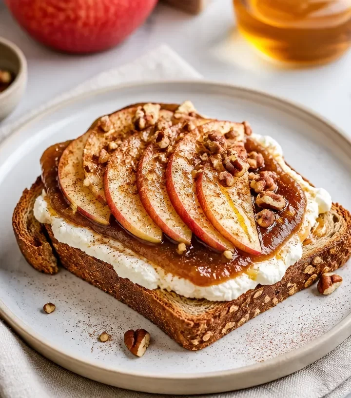 Delicious Minute Ricotta Apple Butter Toast topped with fresh apples and creamy ricotta