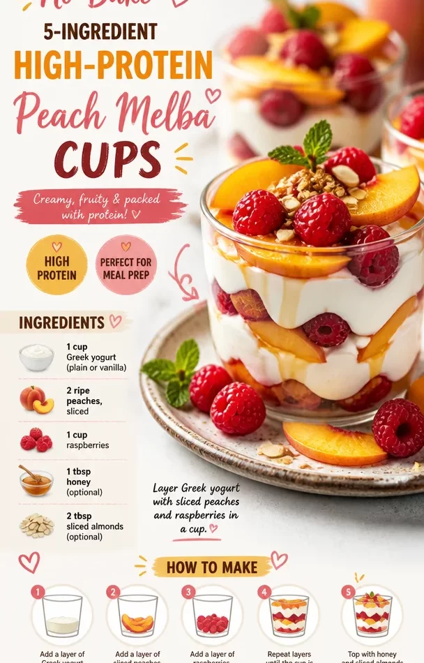 No-Bake Peach Melba Cups made with 5 ingredients for a high-protein dessert