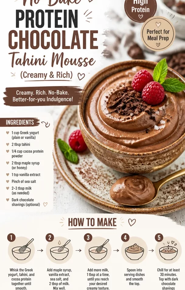 No-bake protein chocolate tahini mousse served in a bowl, creamy and rich texture.