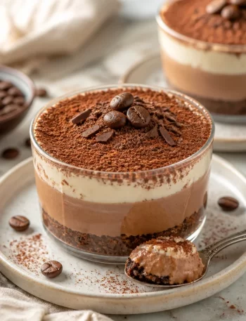 No-Bake Protein Mocha Dessert Cups topped with chocolate and coffee flavors