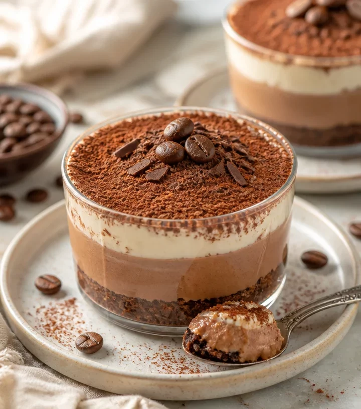 No-Bake Protein Mocha Dessert Cups topped with chocolate and coffee flavors