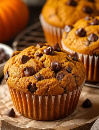 Delicious one-bowl pumpkin chocolate chip muffins fresh from the oven
