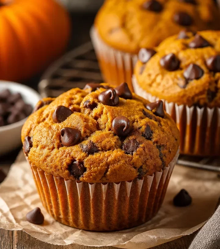 Delicious one-bowl pumpkin chocolate chip muffins fresh from the oven