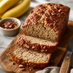 Delicious one-bowl maple pecan banana bread on a wooden table.