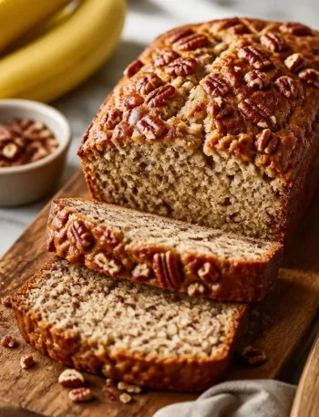 Delicious one-bowl maple pecan banana bread on a wooden table.