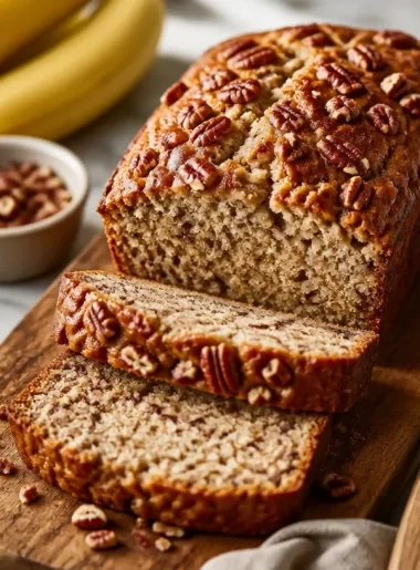 Delicious one-bowl maple pecan banana bread on a wooden table.