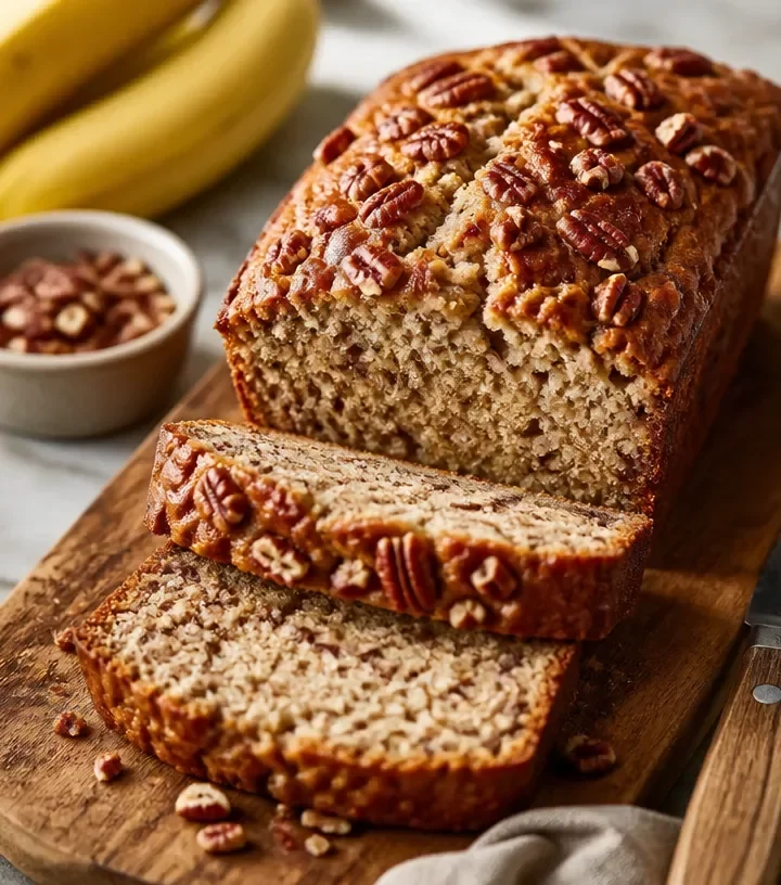 Delicious one-bowl maple pecan banana bread on a wooden table.