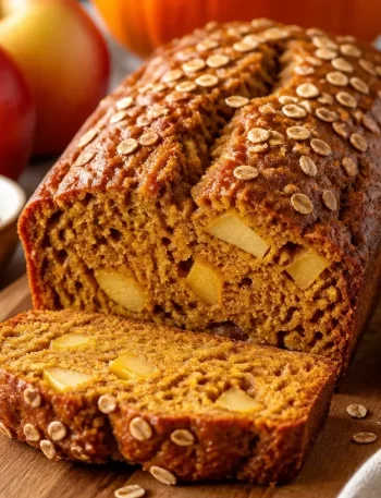 Delicious one-bowl apple pumpkin bread on a wooden table