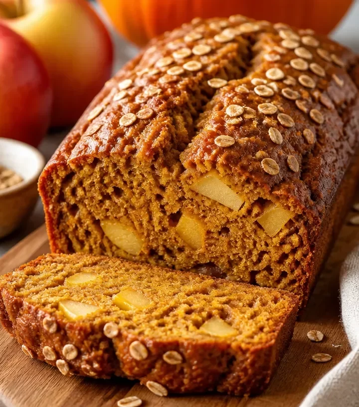 Delicious one-bowl apple pumpkin bread on a wooden table