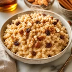 One-pan cinnamon maple breakfast rice served in a bowl with toppings