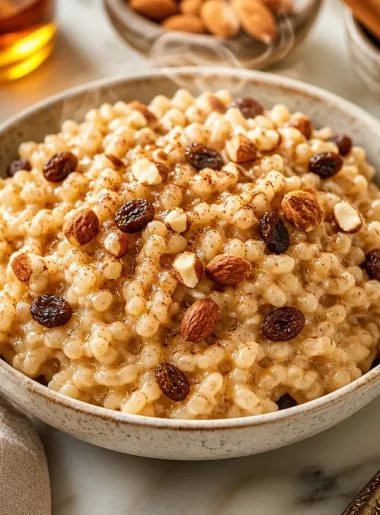 One-pan cinnamon maple breakfast rice served in a bowl with toppings