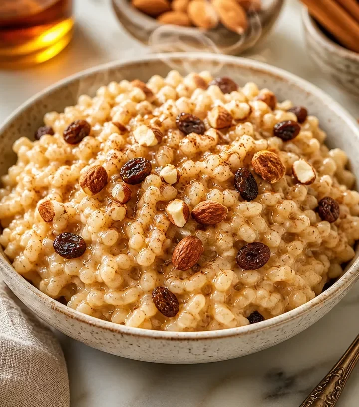 One-pan cinnamon maple breakfast rice served in a bowl with toppings