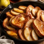 One-pan maple pear French toast topped with sweet slices of pear and syrup