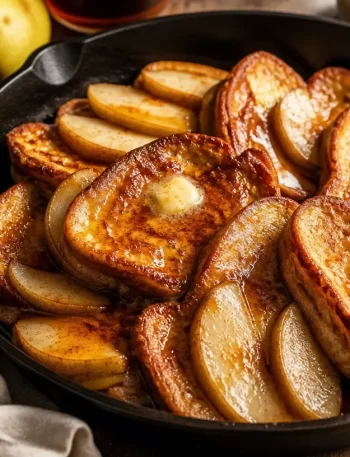 One-pan maple pear French toast topped with sweet slices of pear and syrup