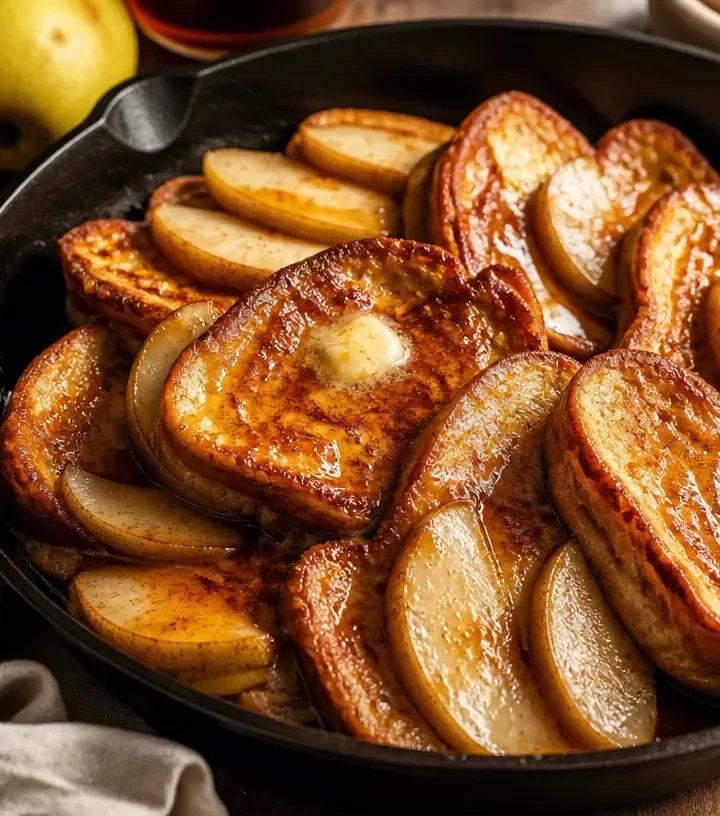 One-pan maple pear French toast topped with sweet slices of pear and syrup