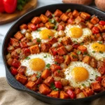 One-Pan Sweet Potato Breakfast Hash with colorful vegetables in a skillet