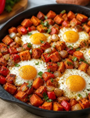One-Pan Sweet Potato Breakfast Hash with colorful vegetables in a skillet
