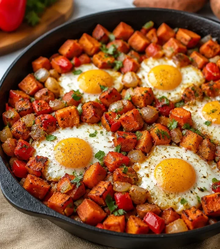 One-Pan Sweet Potato Breakfast Hash with colorful vegetables in a skillet