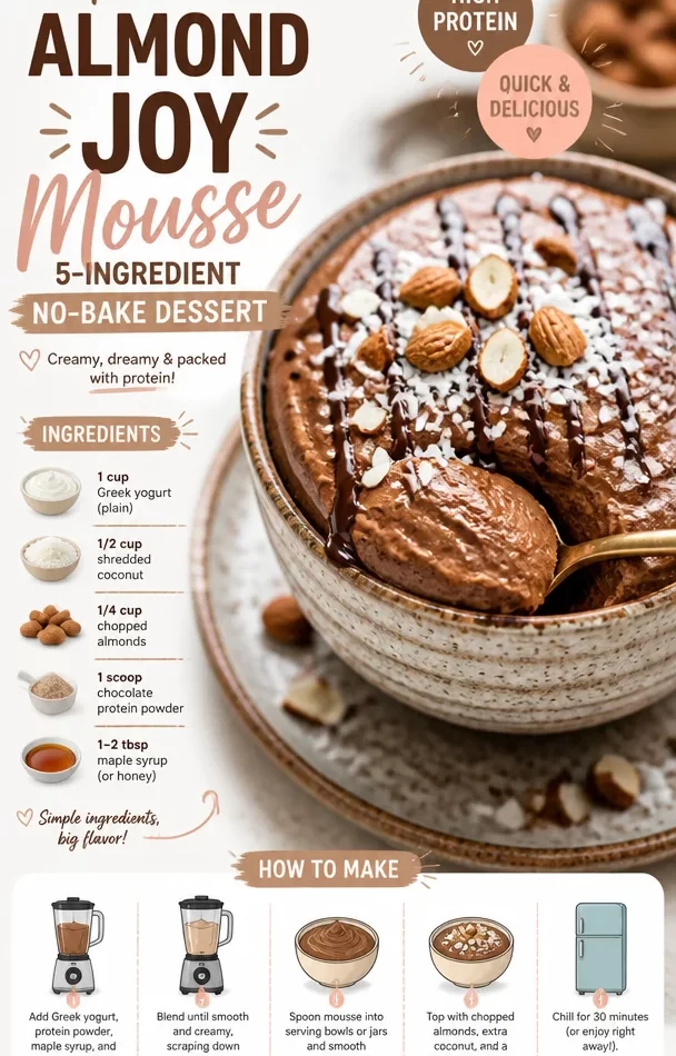 Protein Almond Joy Mousse made with 5 ingredients, ready to enjoy as a healthy dessert.