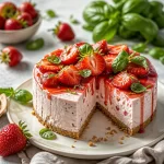 Protein Basil Strawberry Cheesecake topped with fresh strawberries and basil leaves