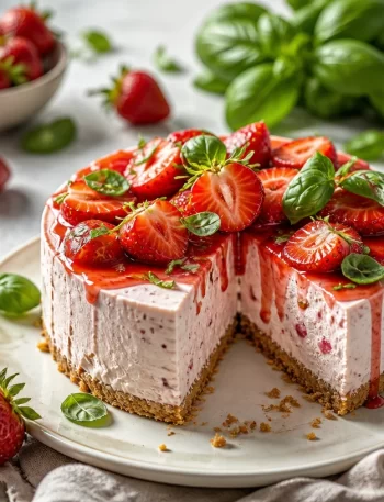 Protein Basil Strawberry Cheesecake topped with fresh strawberries and basil leaves