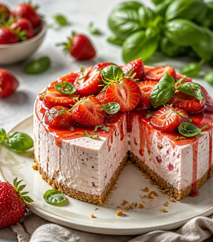 Protein Basil Strawberry Cheesecake topped with fresh strawberries and basil leaves