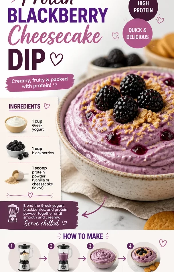 Protein blackberry cheesecake dip served in a bowl with fresh blackberries on top