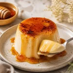 Protein Burnt Honey Panna Cotta dessert topped with golden honey and herbs