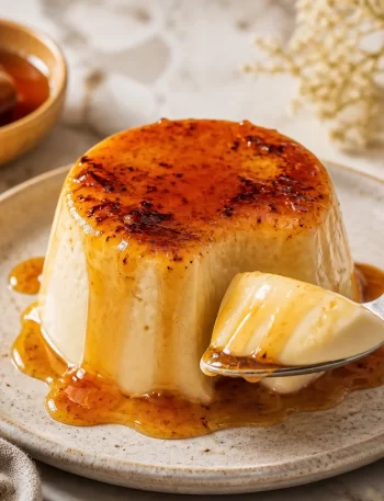 Protein Burnt Honey Panna Cotta dessert topped with golden honey and herbs