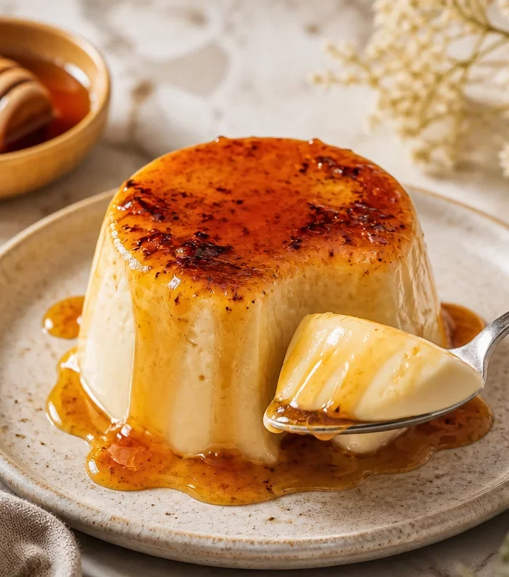 Protein Burnt Honey Panna Cotta dessert topped with golden honey and herbs