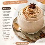 Delicious protein chai latte mousse topped with spices and served in a glass.