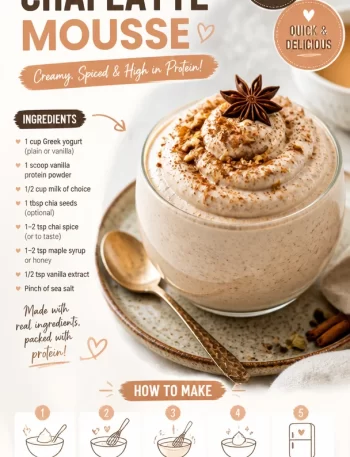 Delicious protein chai latte mousse topped with spices and served in a glass.