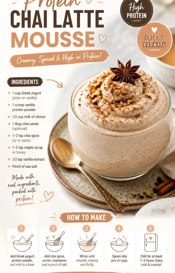 Delicious protein chai latte mousse topped with spices and served in a glass.