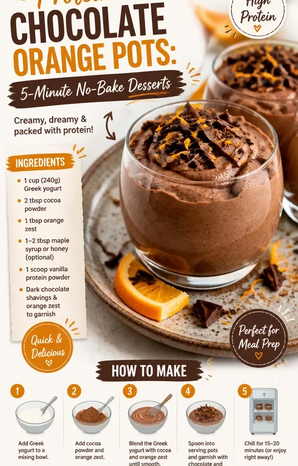 Delicious protein chocolate orange pots dessert in a clear bowl with a spoon