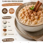 Bowl of Protein Churro Rice Pudding topped with cinnamon and chocolate drizzle