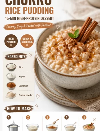 Bowl of Protein Churro Rice Pudding topped with cinnamon and chocolate drizzle