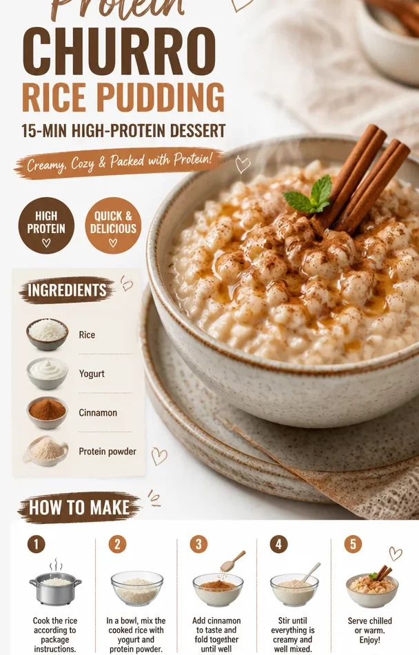Bowl of Protein Churro Rice Pudding topped with cinnamon and chocolate drizzle
