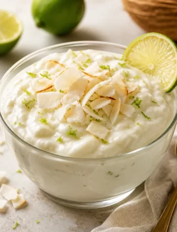 Protein Coconut Lime Silk in a glass, garnished with lime and coconut.